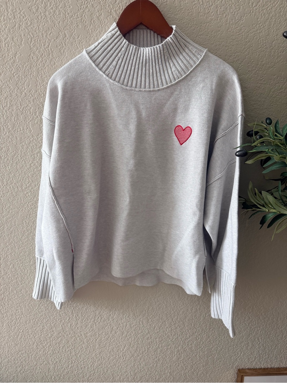 Anthropologie Light Gray Mock Neck Sweater with Pink Heart